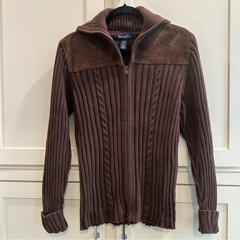 Suede Cable Knit Chocolate Brown Zip Up Cardigan Sweater Women’s Sz Large
